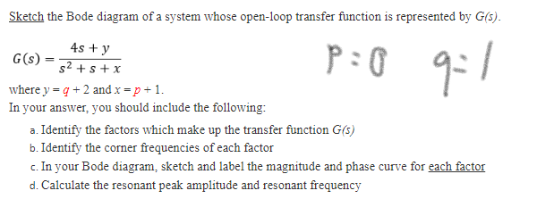 Sketch The Bode Diagram Of A System Whose Open Loop Transfer Function Is Represented By G S P 0 9 1 G S 4s Y S 1