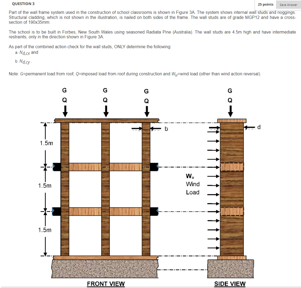 Question 3 25 Points Save Answer Part Of The Wall Frame System Used In The Construction Of School Classrooms Is Shown In 1
