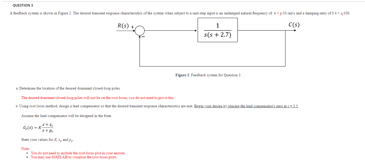 Question 3 A Feedback System Is Shown In Figure 2 The Desired Transient Response Characteristics Of The System When Sub 1