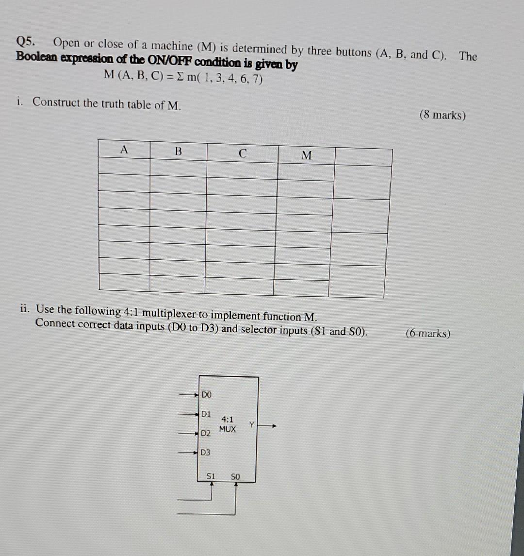 Q5 Open Or Close Of A Machine M Is Determined By Three Buttons A B And C The Boolean Expression Of The On Off Co 1