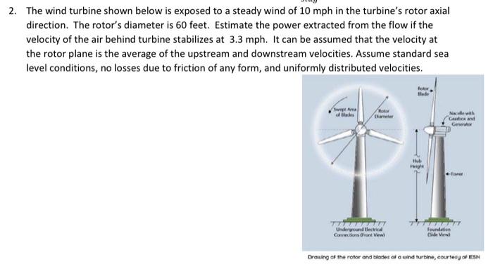 2 The Wind Turbine Shown Below Is Exposed To A Steady Wind Of 10 Mph In The Turbine S Rotor Axial Direction The Rotor 1