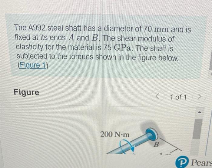 The A992 Steel Shaft Has A Diameter Of 70 Mm And Is Fixed At Its Ends A And B The Shear Modulus Of Elasticity For The M 1