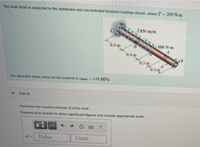 The Solid Shaft Is Subjected To The Distributed And Concentrated Torsional Loadings Shown Where T 370 N M The Allowabl 1