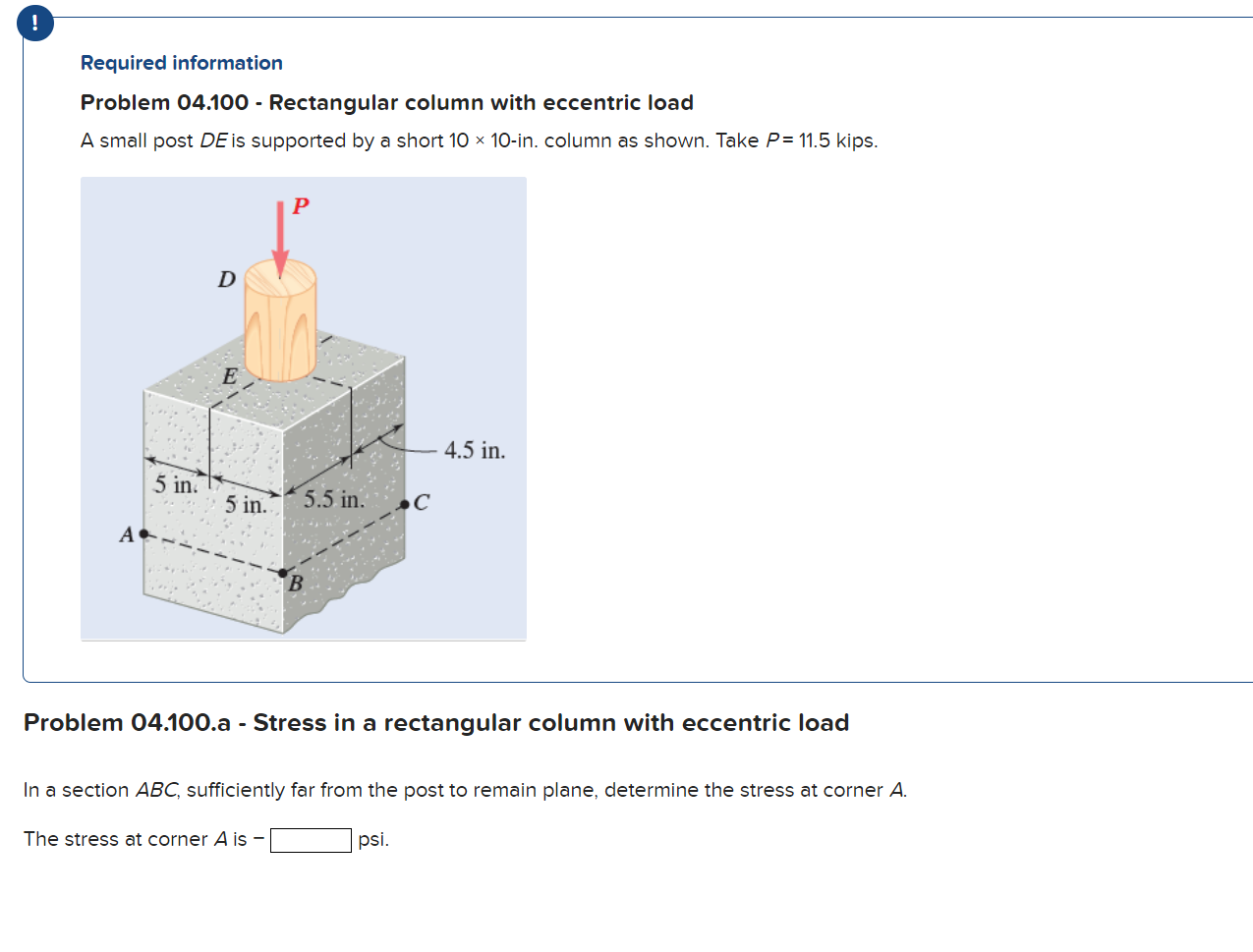 Required Information Problem 04 100 Rectangular Column With Eccentric Load A Small Post De Is Supported By A Short 1 1