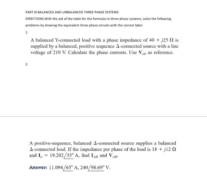 Part Ii Balanced And Unbalanced Three Phase Systems Directions With The Aid Of The Table For The Formulas In Three Phase 1