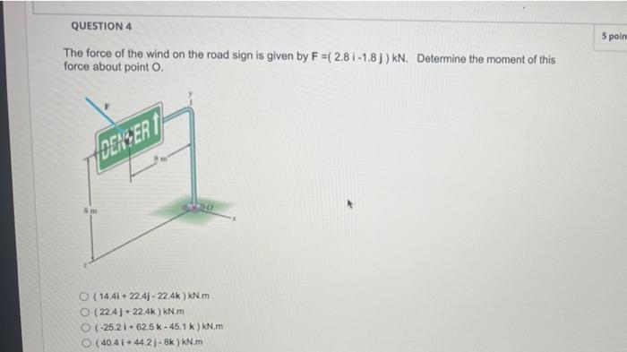 Question 4 The Force Of The Wind On The Road Sign Is Given By F 2 8i 1 8j Kn Determine The Moment Of This Force Abo 1