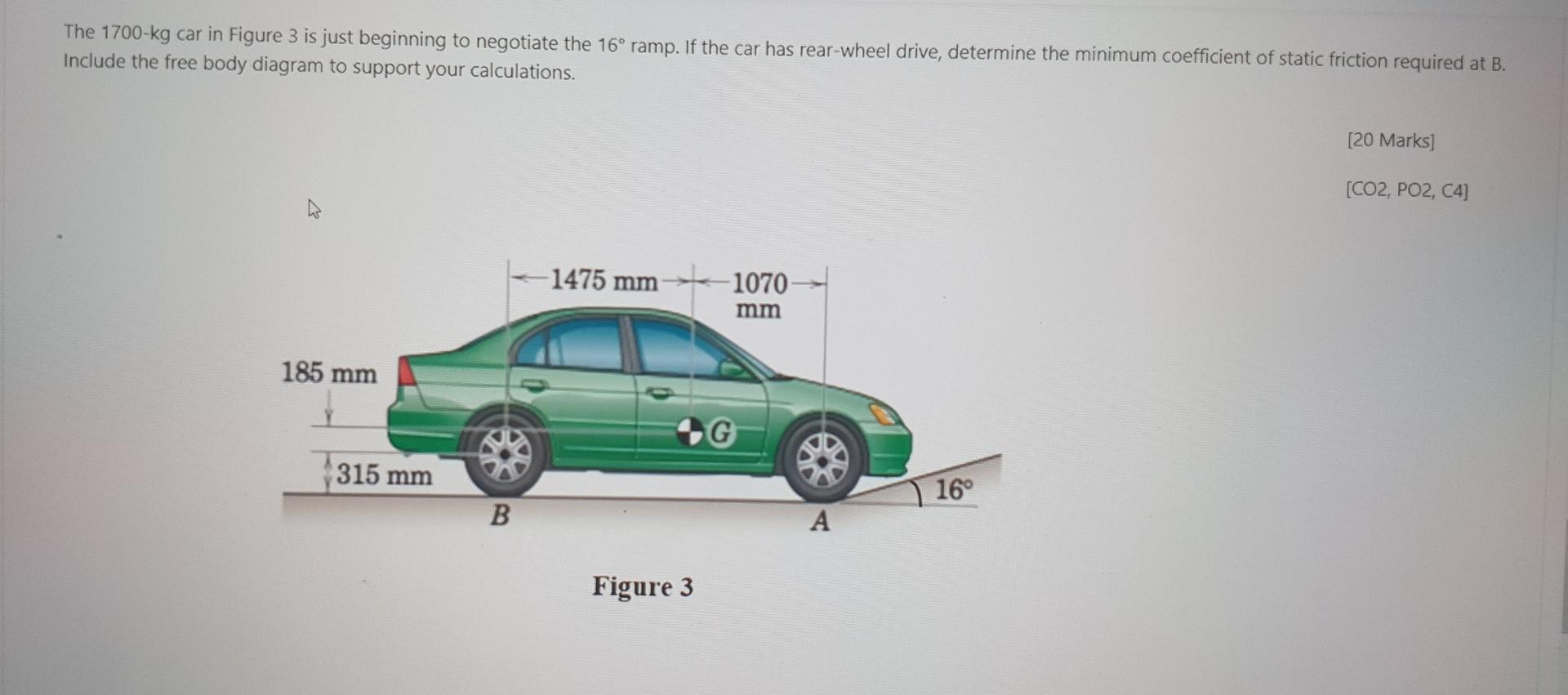 The 1700 Kg Car In Figure 3 Is Just Beginning To Negotiate The 16 Ramp If The Car Has Rear Wheel Drive Determine The 1