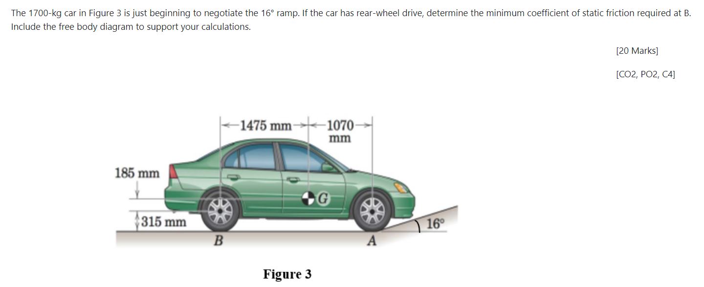 The 1700 Kg Car In Figure 3 Is Just Beginning To Negotiate The 16 Ramp If The Car Has Rear Wheel Drive Determine The 1