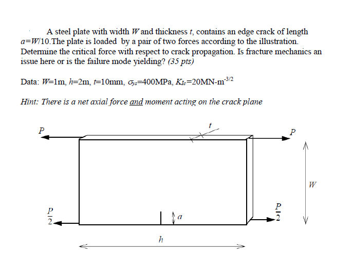 A Steel Plate With Width W And Thickness T Contains An Edge Crack Of Length A W 10 The Plate Is Loaded By A Pair Of Tw 1