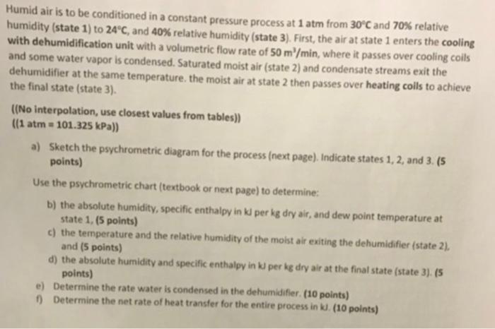 Humid Air Is To Be Conditioned In A Constant Pressure Process At 1 Atm From 30 C And 70 Relative Humidity State 1 To 1