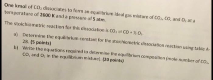 One Kmol Of Co Dissociates To Form An Equilibrium Ideal Gas Mixture Of Co2 Co And O At A Temperature Of 2600 K And A 1