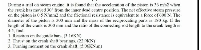 During A Trial On Steam Engine It Is Found That The Acceleration Of The Piston Is 36 M S2 When The Crank Has Moved 30 1