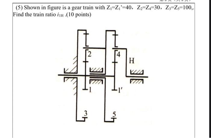 5 Shown In Figure Is A Gear Train With Z Z 40 Z2 Z4 30 Z Zs 100 Find The Train Ratio Ih 10 Points 4 3 1 4w 1