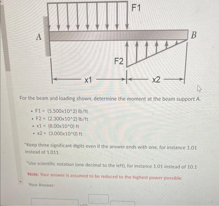 A W For The Beam And Loading Shown Determine The Moment At The Beam Support A X1 8 00x10 0 Ft F1 5 500x10 1