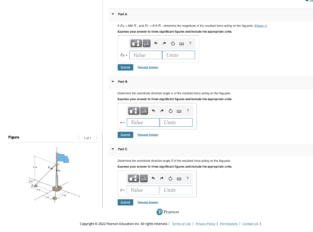 Figure 1 Of 1 Part A If Fb 660 N And Fc 610 N Determine The Magnitude Of The Resultant Force Acting On The Flag 1