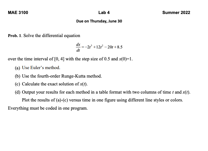 Mae 3100 Lab 4 Due On Thursday June 30 Prob 1 Solve The Differential Equation Dx 21 121 20t 8 5 Dt Over The Time I 1