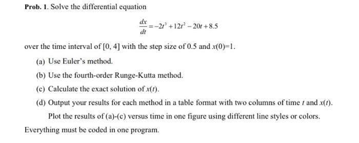 Prob 1 Solve The Differential Equation Dx Dt 2r 12r 20r 8 5 Over The Time Interval Of 0 4 With The Step Size Of 1