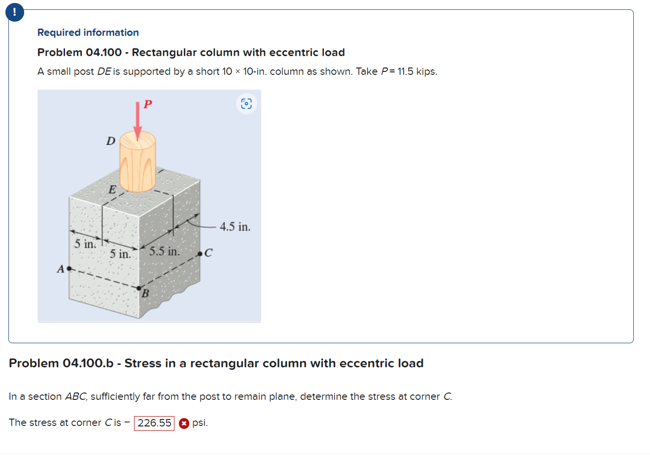 Required Information Problem 04 100 Rectangular Column With Eccentric Load A Small Post De Is Supported By A Short 1 1
