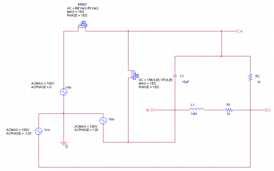 Iprint Ac M Van Ip Van Mag Yes Phase Yes Ka C1 R2 10uf 1k Acmag 100v Acphase 0 Ac Vm Ad Vp A B Mag Yes 1