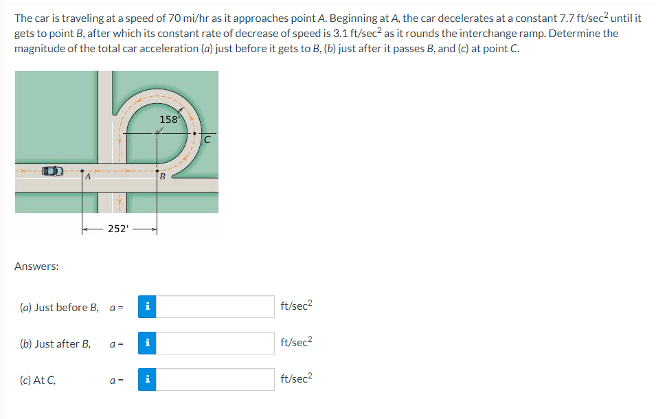 The Car Is Traveling At A Speed Of 70 Mi Hr As It Approaches Point A Beginning At A The Car Decelerates At A Constant 1