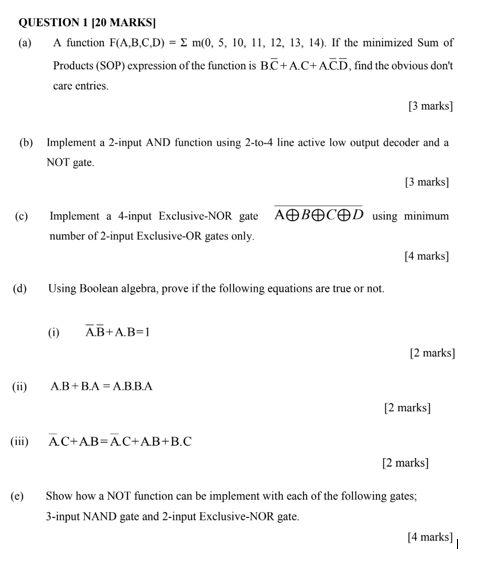 Question 1 20 Marks A A Function F A B C D M 0 5 10 11 12 13 14 If The Minimized Sum Of Products Sop Ex 1