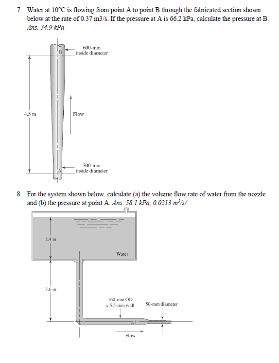 7 Water At 10 C Is Flowing From Point A To Point B Through The Fabricated Section Shown Below At The Rate Of 0 37 M3 S 1