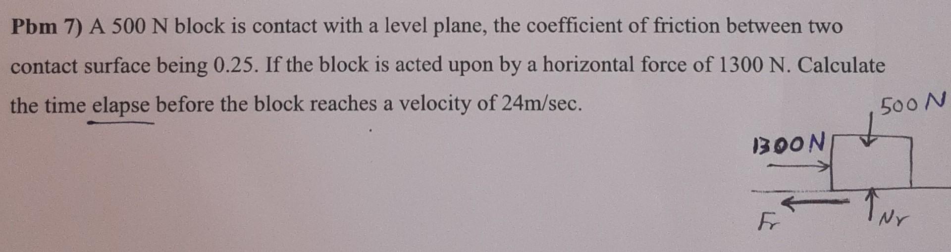 Pbm 7 A 500 N Block Is Contact With A Level Plane The Coefficient Of Friction Between Two Contact Surface Being 0 25 1