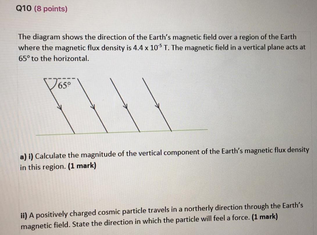 Q10 8 Points The Diagram Shows The Direction Of The Earth S Magnetic Field Over A Region Of The Earth Where The Magnet 1
