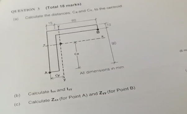 Question 3 A B Total 18 Marks Calculate The Distances Cx And Cy To The Centroid C 15 60 B Tio 90 All Dimension 1