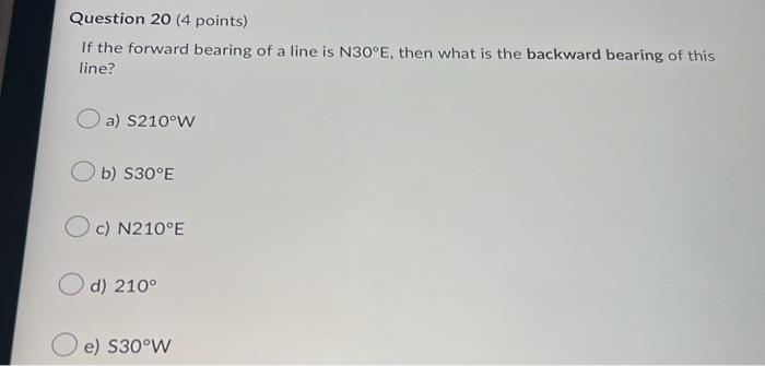 Question 20 4 Points If The Forward Bearing Of A Line Is N30 E Then What Is The Backward Bearing Of This Line A S21 1