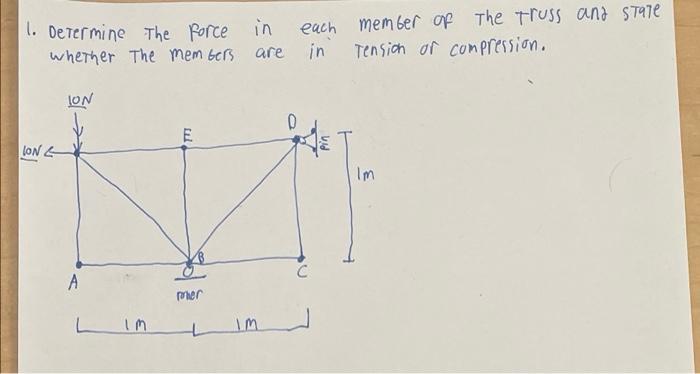1 Determine The Force In Whether The Members Are In Ion Lon A Lim E Mer Im C Member Of The Truss And State Tension Of 1