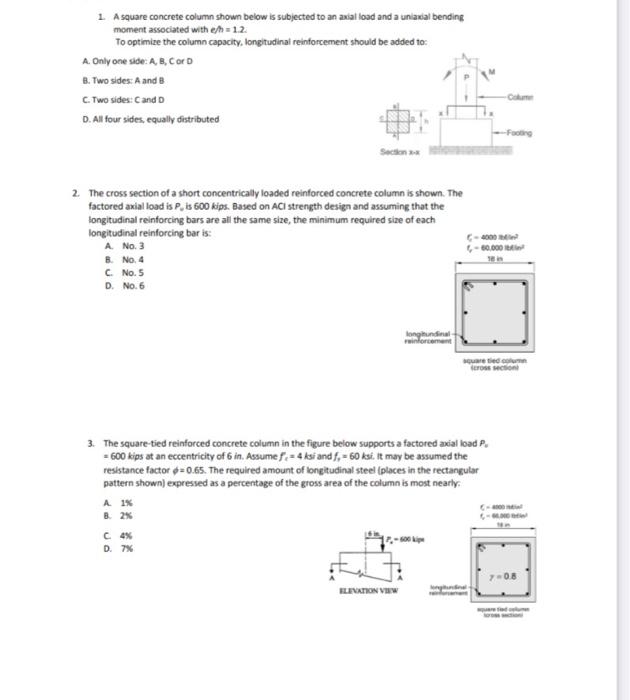 1 A Square Concrete Column Shown Below Is Subjected To An Axial Load And A Uniaxial Bending Moment Associated With E H 2