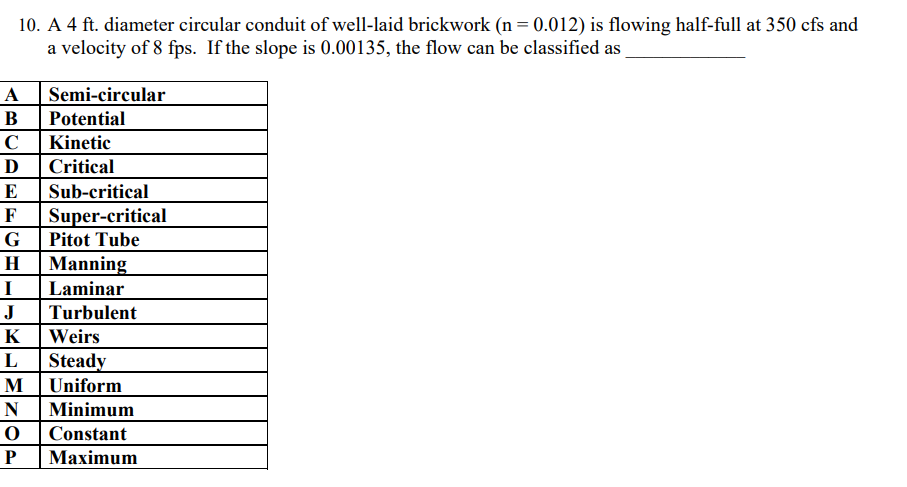 10 A 4 Ft Diameter Circular Conduit Of Well Laid Brickwork N 0 012 Is Flowing Half Full At 350 Cfs And A Velocity 1