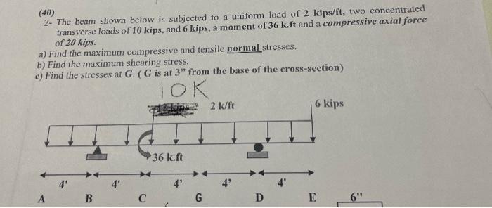 40 2 The Beam Shown Below Is Subjected To A Uniform Load Of 2 Kips Ft Two Concentrated Transverse Loads Of 10 Kips 1