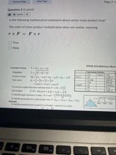 Question 2 1 Poing Lass In The Following Mathematical Statement About Vector Cross Product Re The Order Of Cross Produc 1