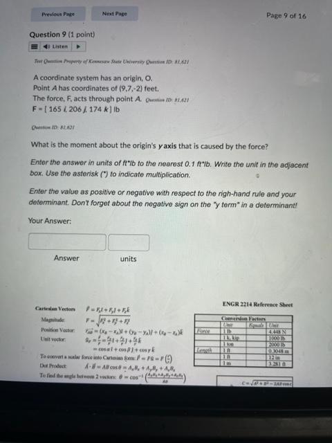 Previous Page Question 9 1 Point Listen Test Qution Property Of Kennesaw State University Question Id 81 621 A Coordi 1