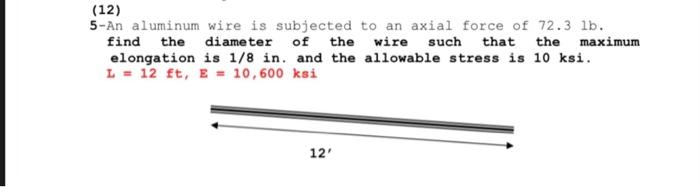 12 That The 5 An Aluminum Wire Is Subjected To An Axial Force Of 72 3 Lb Find The Diameter Of The Wire Such Maximum E 1