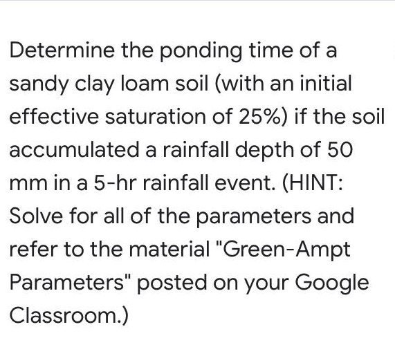 Determine The Ponding Time Of A Sandy Clay Loam Soil With An Initial Effective Saturation Of 25 If The Soil Accumulat 1