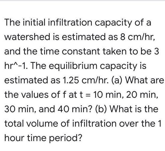 The Initial Infiltration Capacity Of A Watershed Is Estimated As 8 Cm Hr And The Time Constant Taken To Be 3 Hr 1 The 1