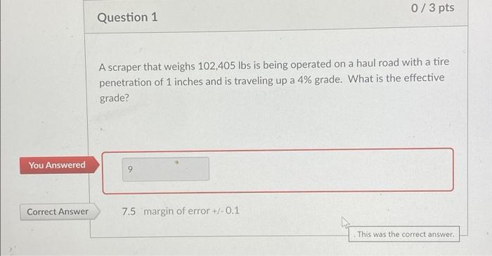 You Answered Correct Answer Question 1 A Scraper That Weighs 102 405 Lbs Is Being Operated On A Haul Road With A Tire Pe 1