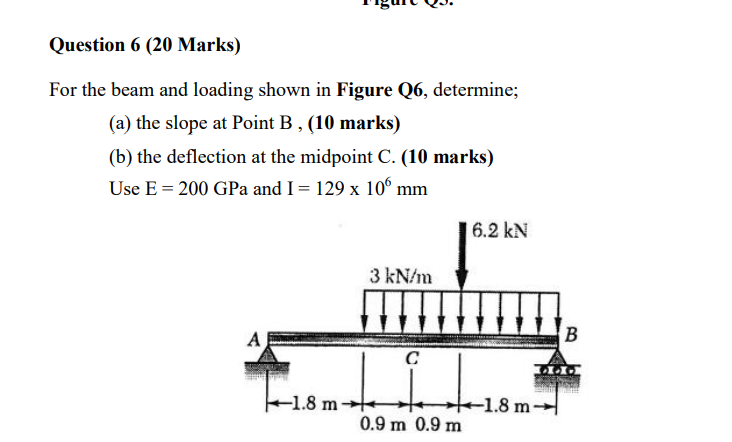 Question 6 20 Marks For The Beam And Loading Shown In Figure Q6 Determine A The Slope At Point B 10 Marks B T 1