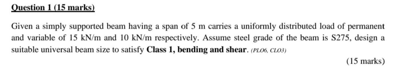 Question 1 15 Marks Given A Simply Supported Beam Having A Span Of 5 M Carries A Uniformly Distributed Load Of Permane 1