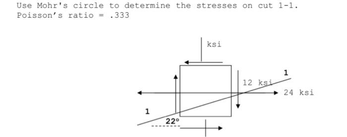 Use Mohr S Circle To Determine The Stresses On Cut 1 1 Poisson S Ratio 333 1 22 Ksi 12 Ksi 1 24 Ksi 1