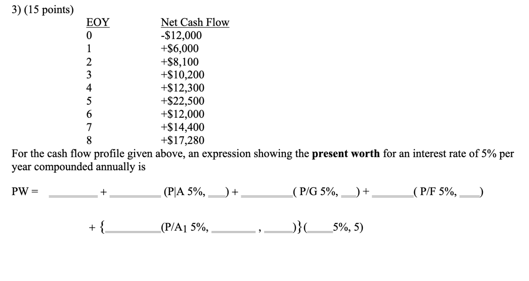 3 15 Points Pw Eoy 0 1 2 4 5 6 7 8 For The Cash Flow Profile Given Above An Expression Showing The Present Worth 1
