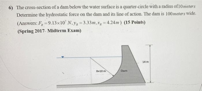 6 The Cross Section Of A Dam Below The Water Surface Is A Quarter Circle With A Radius Of 10 Meters Determine The Hydro 1