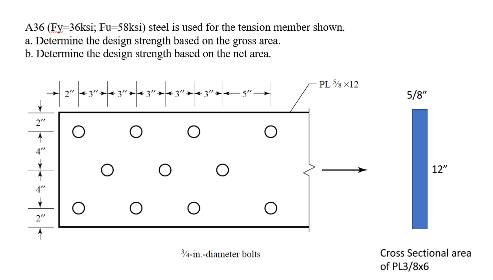 A36 Fy 36ksi Fu 58ksi Steel Is Used For The Tension Member Shown A Determine The Design Strength Based On The Gross 1