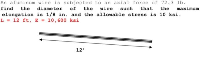 An Aluminum Find The Elongation L 12 Ft E 10 600 Ksi Wire Is Subjected To An Axial Force Of 72 3 Lb Diameter Of Th 1