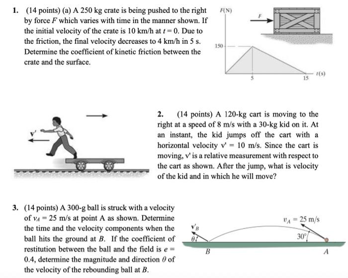 1 14 Points A A 250 Kg Crate Is Being Pushed To The Right By Force F Which Varies With Time In The Manner Shown If 1