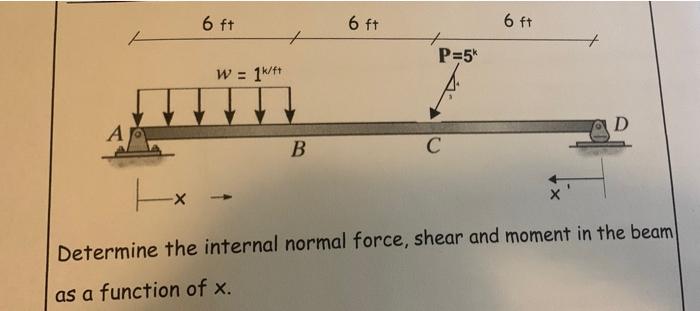 A 6 Ft W 1k Ft B 6 Ft P 5 C 6 Ft D Tx Determine The Internal Normal Force Shear And Moment In The Beam As A Functi 1