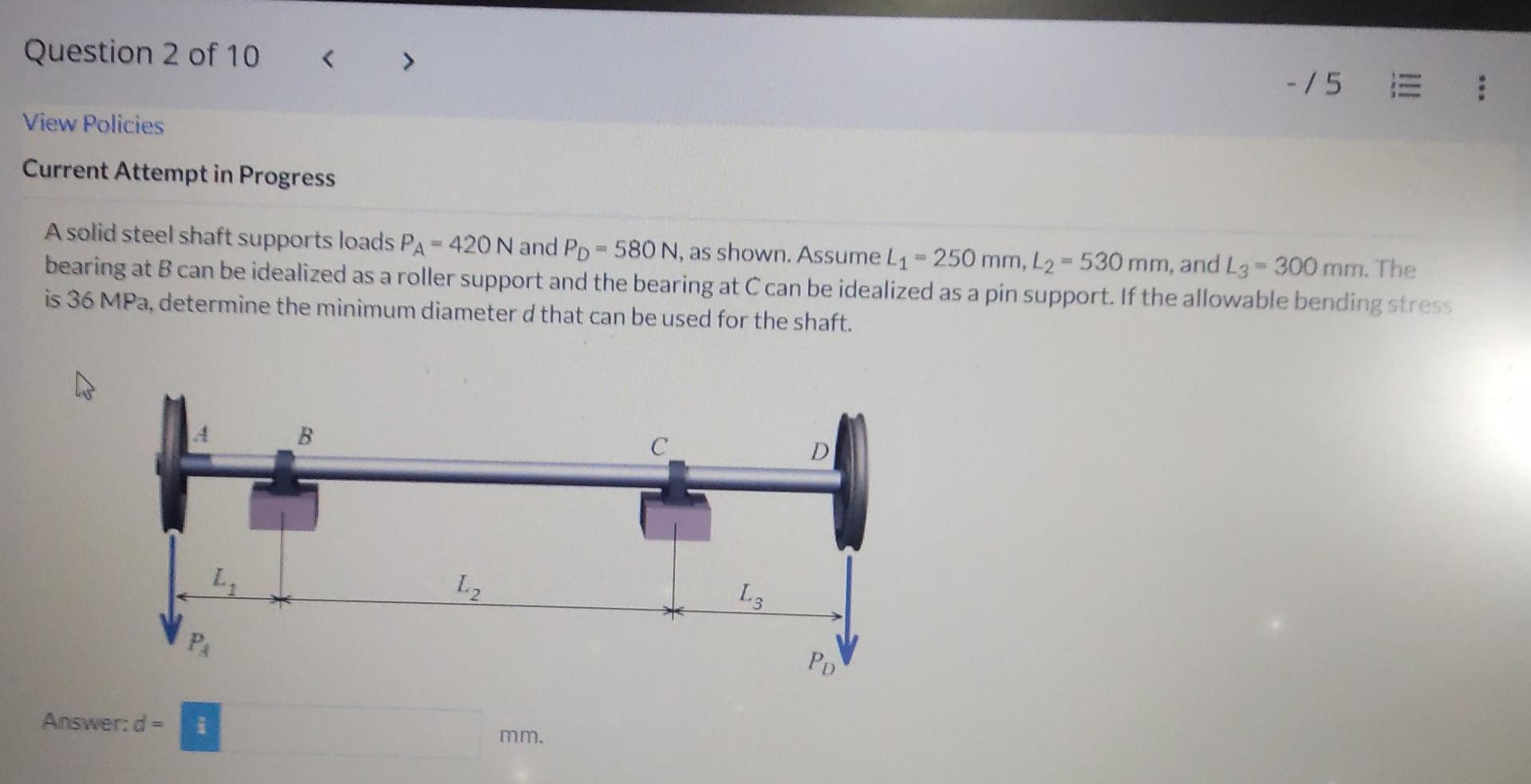 Question 2 Of 10 View Policies Current Attempt In Progress A Solid Steel Shaft Supports Loads Pa 420 N And Pd 580 1